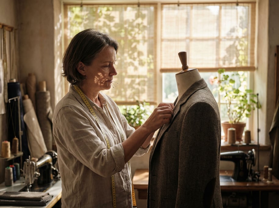 A tailor fitting a suit on a mannequin, pins between lips, measuring tape draped over shoulders