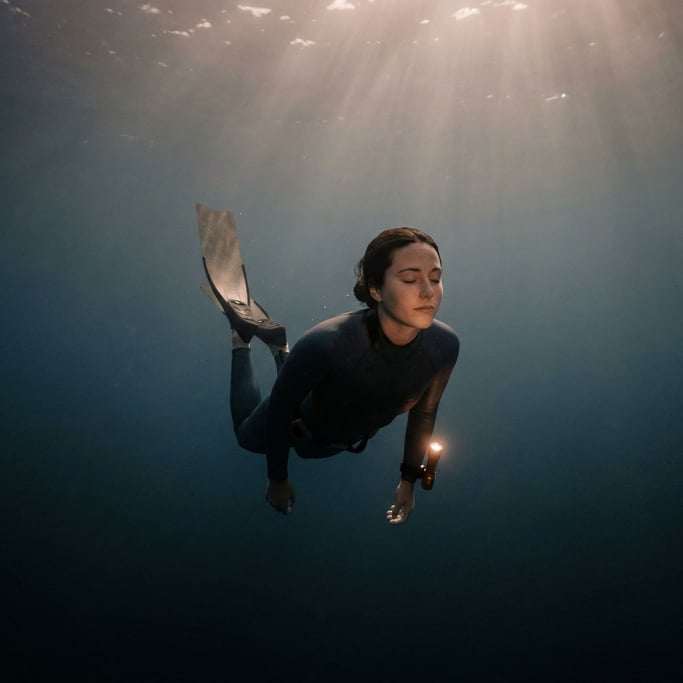 A free diver descending into blue water, body streamlined, light rays from the surface above (a)