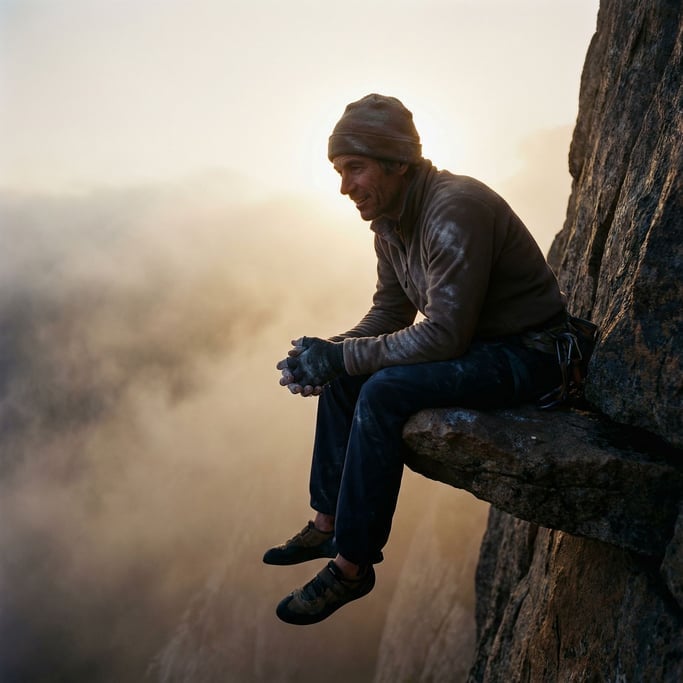A rock climber resting on a narrow ledge, legs dangling, vast cliff face below, morning mist (slqavg1s)