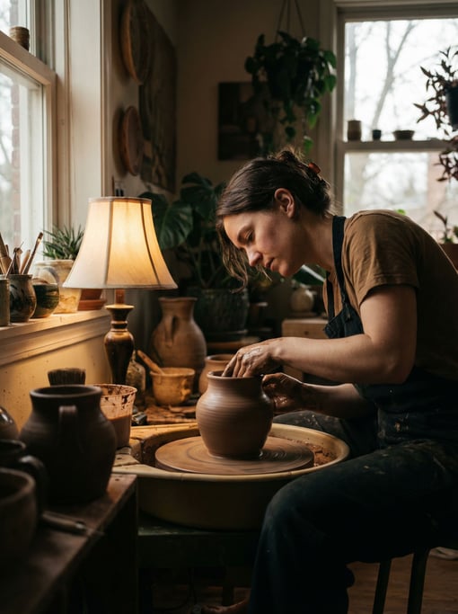 A potter pulling a tall vessel on the wheel, clay spinning, hands wet and precise (fmgd4k1e)