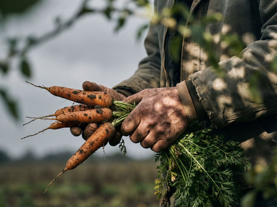 A farmer's dirt-caked hands holding freshly pulled carrots, earthy tones, overcast field behind