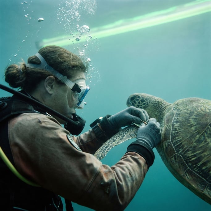 A marine biologist underwater tagging a sea turtle, bubbles rising, aquamarine ambient light