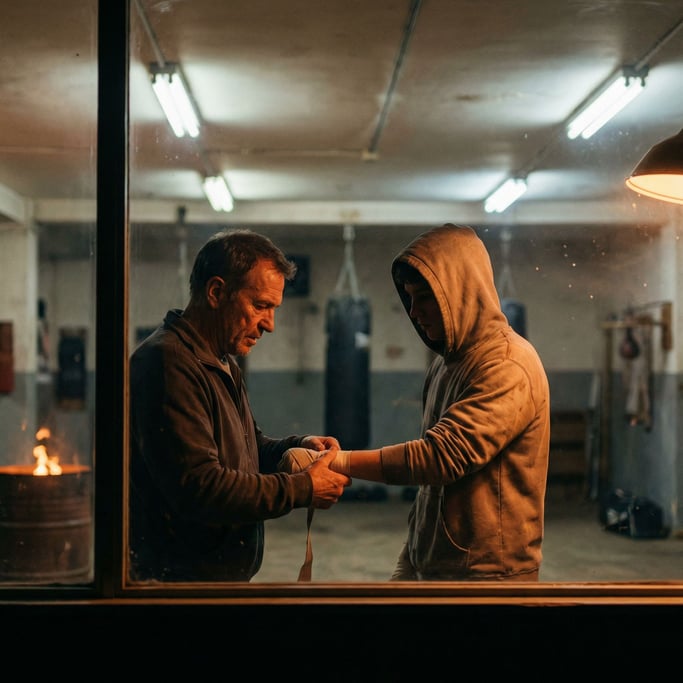 A boxing trainer wrapping a fighter's hands before a bout, both focused, gym fluorescents overhead (od9jp73g)