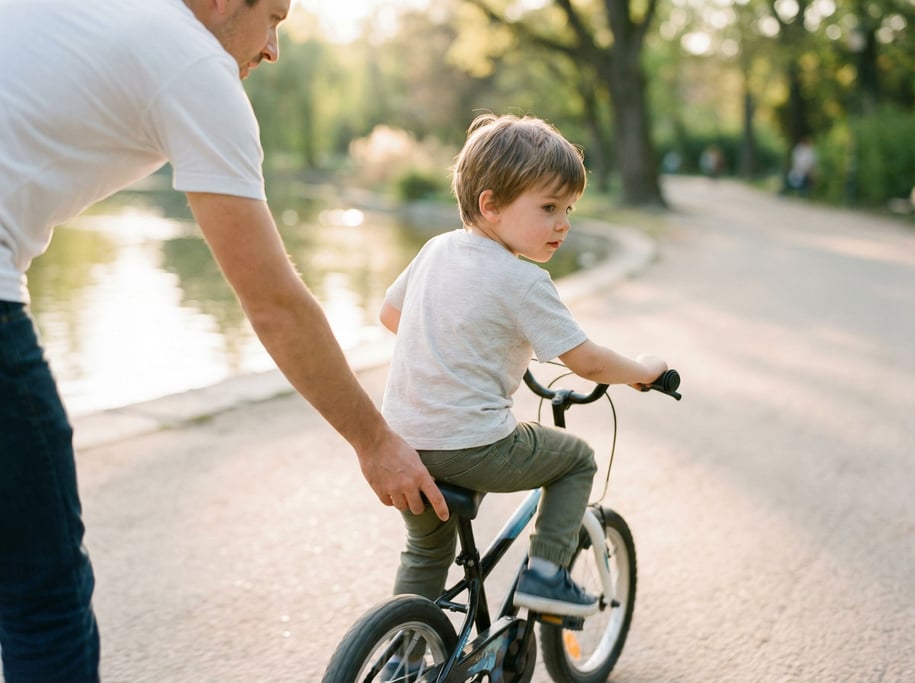 A child learning to ride a bike, parent's hand just letting go, park setting (ilsy)