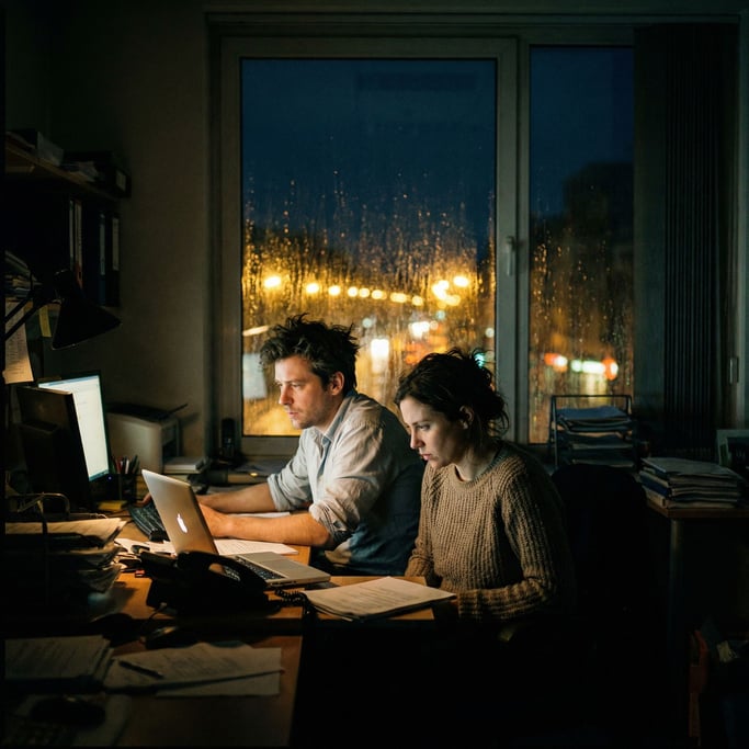 Two people working late, soft screen glow on their faces, city lights through the window behind (41eypbcc)