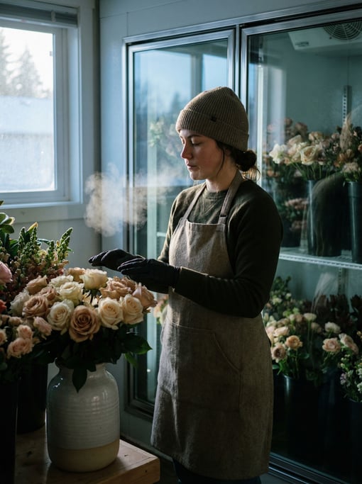 A florist arranging stems by color in a cool walk-in cooler, breath visible, cold blue light (qgdaxhpx)
