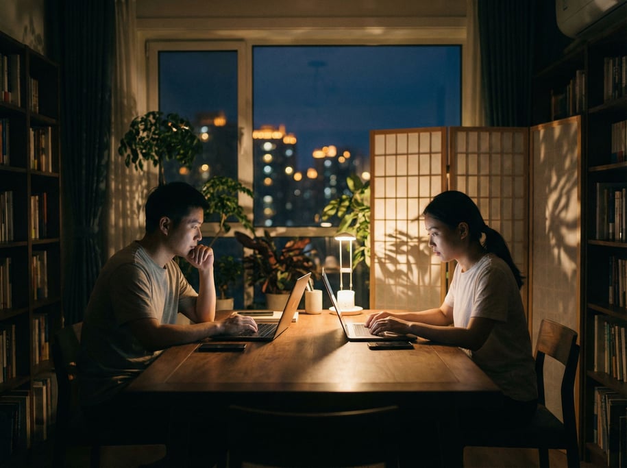 Two people working late, soft screen glow on their faces, city lights through the window behind (aj96vkwf)