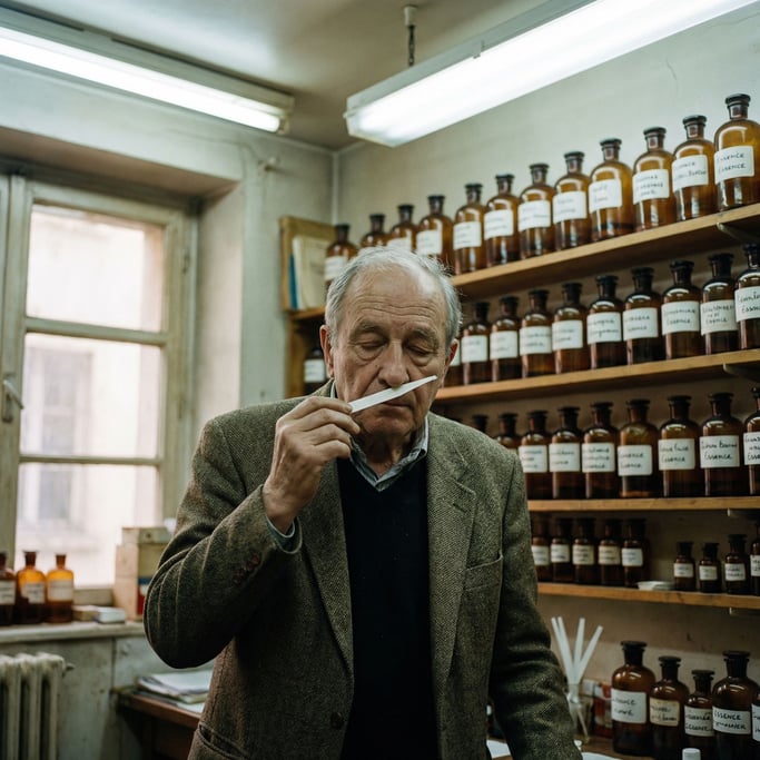 A perfumer smelling blotter strips, eyes closed in concentration, rows of essence bottles behind (ft9mzsmu)