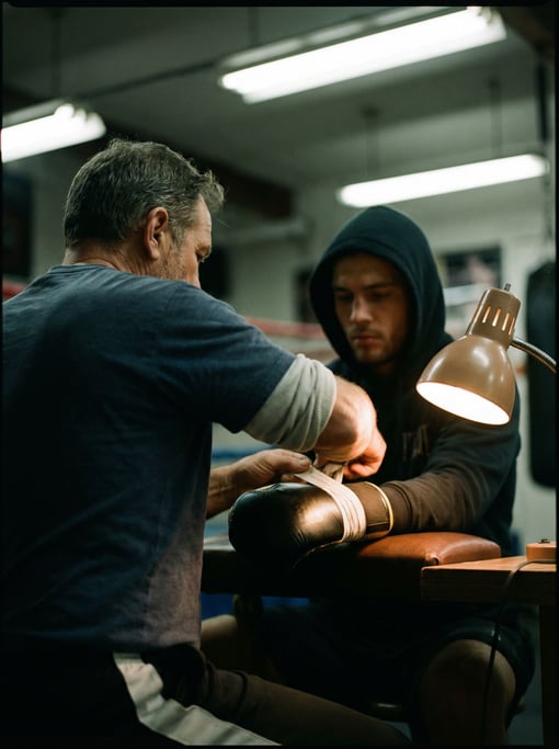 A boxing trainer wrapping a fighter's hands before a bout, both focused, gym fluorescents overhead