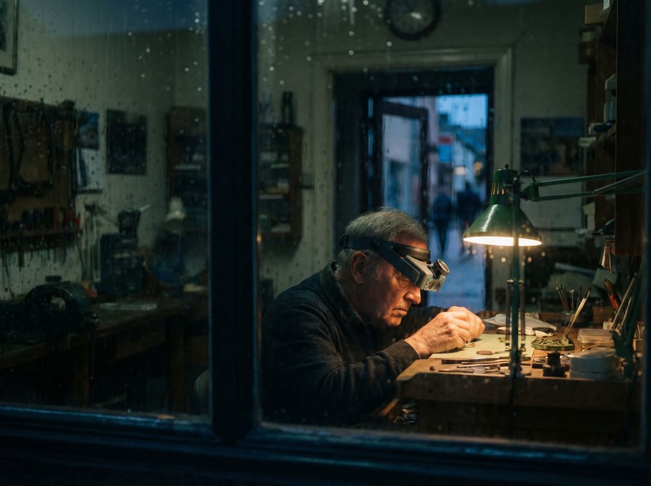A watchmaker examining a movement through a loupe, single desk lamp, everything else in shadow (uaphgoc9)