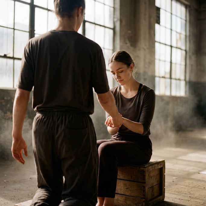 A dancer mid-movement in a raw industrial space, slight motion blur on extremities, core sharp (nr7ccgsz)
