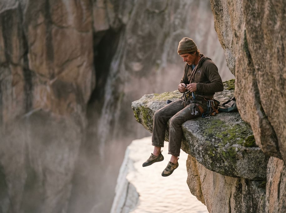 A rock climber resting on a narrow ledge, legs dangling, vast cliff face below, morning mist (tjmkb86b)