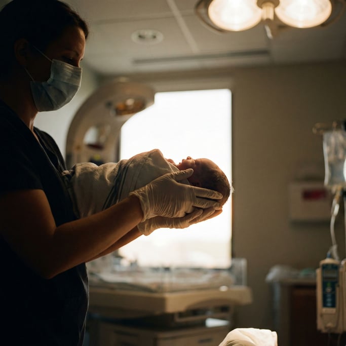 A midwife's calm hands guiding a newborn, intimate hospital room, soft overhead light (ycv66hj)
