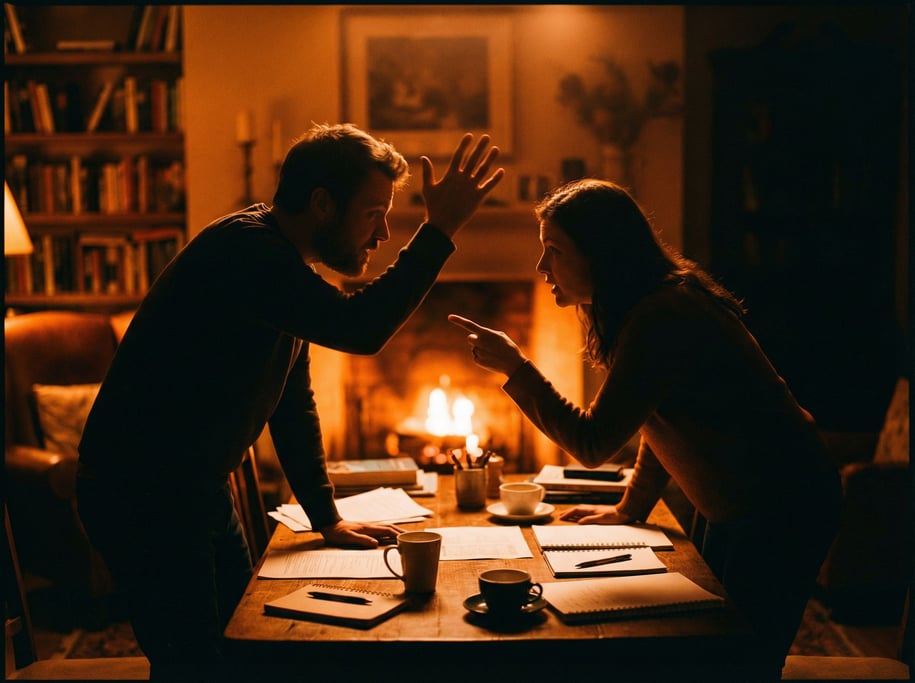 Two colleagues in animated conversation across a table, hands gesturing, papers between them (zrnrjv1u)