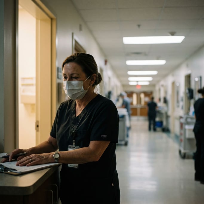 A nurse changing shift, exhausted eyes above a surgical mask, fluorescent hallway behind (bgxdlxg8)