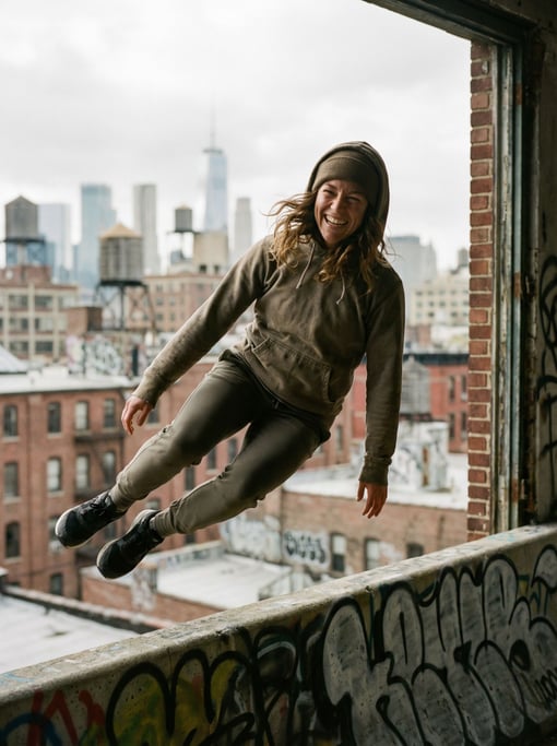 A parkour athlete mid-vault over a concrete barrier, urban skyline, frozen in perfect form (qwu3s1gk)