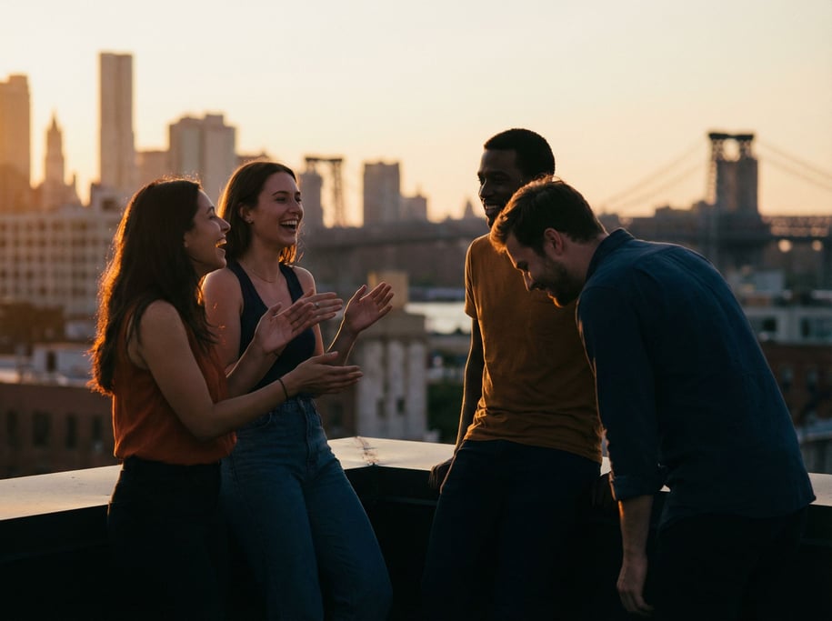 A group of friends on a rooftop at dusk, silhouetted against the skyline, laughing (fyri6o5b)