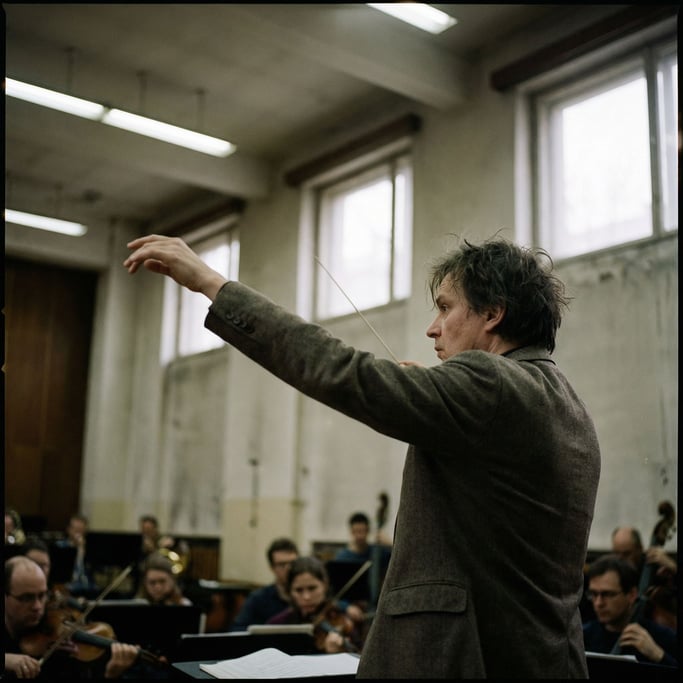 A conductor mid-gesture, baton frozen at the peak, orchestra blurred below, concert hall light (4kykwiwl)