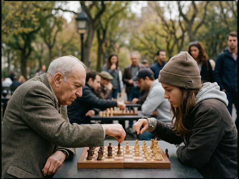 Two chess players in a park, elder vs youth, hands hovering over pieces, onlookers blurred behind