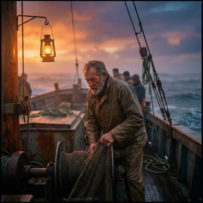 A deep-sea fisherman hauling nets at dawn, salt spray and orange sky, weathered face and hands (2nqwojbu)
