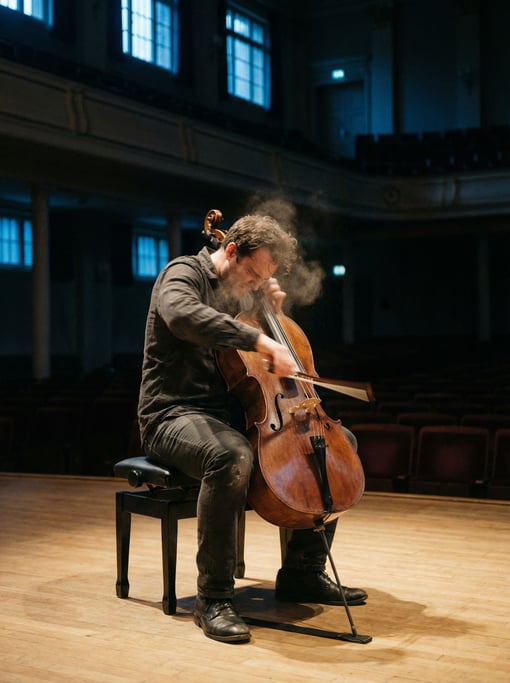 A cello player practicing alone in an empty concert hall, single spotlight, vast dark space around