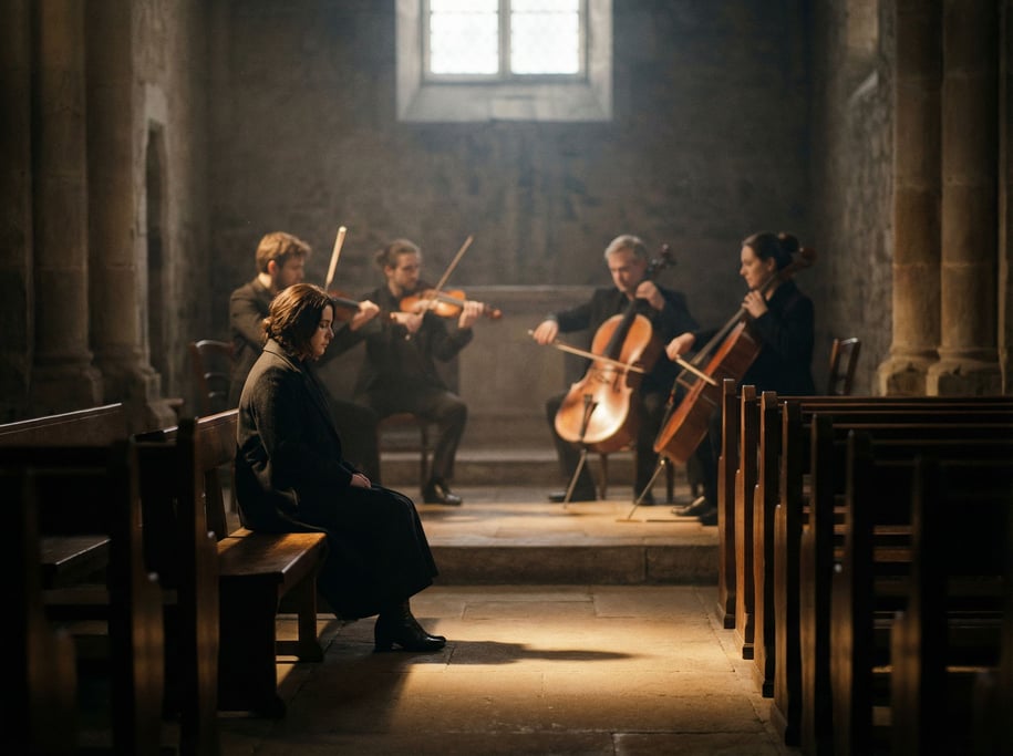 A string quartet mid-performance in a stone chapel, bows moving in unison, available light only