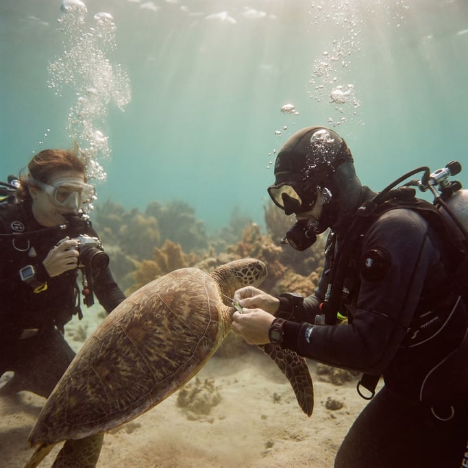 A marine biologist underwater tagging a sea turtle, bubbles rising, aquamarine ambient light (za5z1hie)