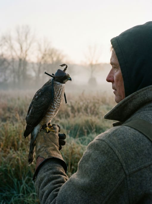 A falconer with a hawk perched on a leather glove, eye contact between human and bird, misty field (ydwfryt)
