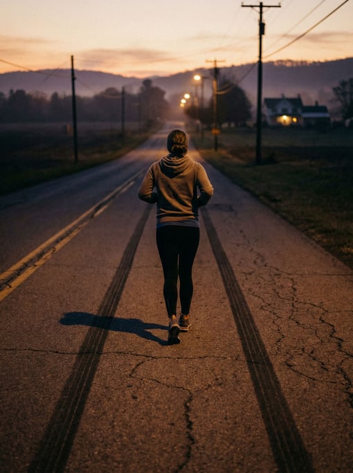 A woman running on an empty road at dawn, shot from behind, long shadows stretching forward (ado2nm2p)