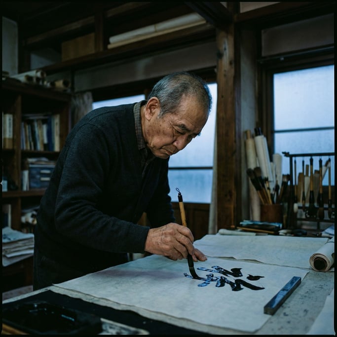 A calligrapher writing with a brush on rice paper, ink still wet, hand steady, deep focus (mtfat8u9)