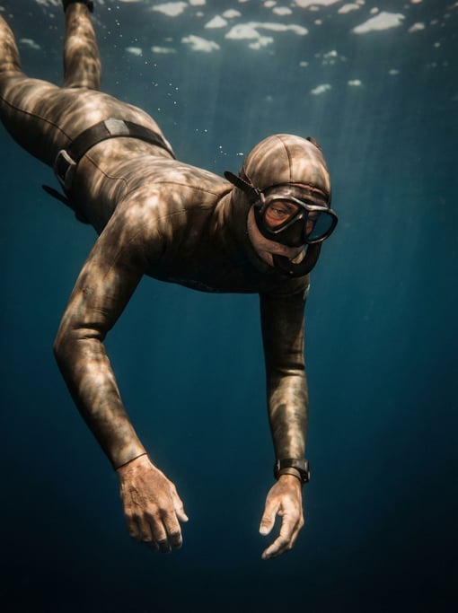 A free diver descending into blue water, body streamlined, light rays from the surface above (yszjxva)