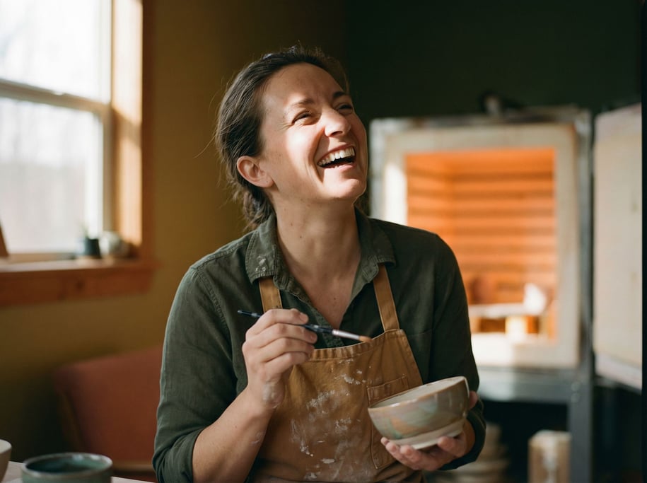 A ceramicist glazing a bowl by hand, tiny brush, extreme concentration, kiln glow in the background