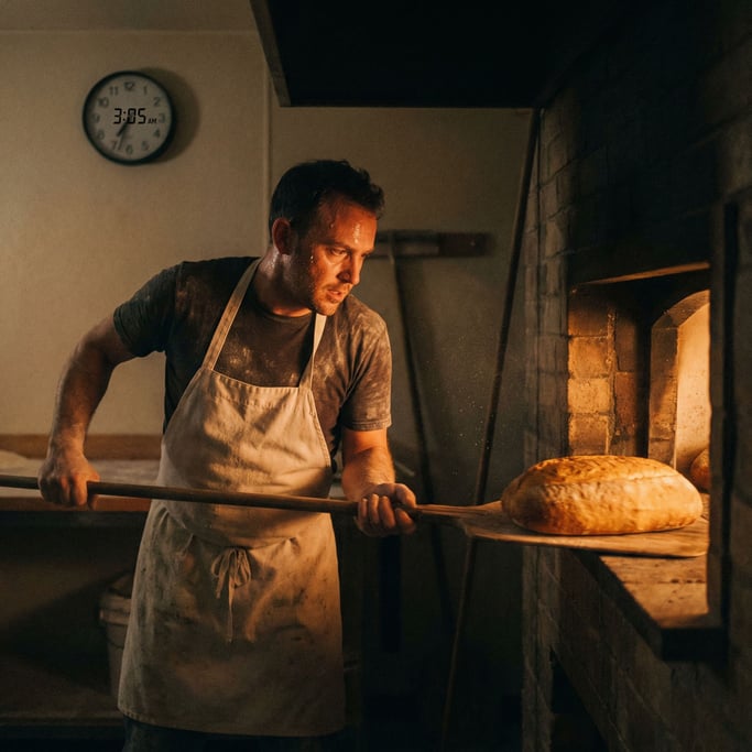 A night-shift baker pulling bread from a stone oven, face lit by the oven glow, 3 AM silence (p9xednqc)