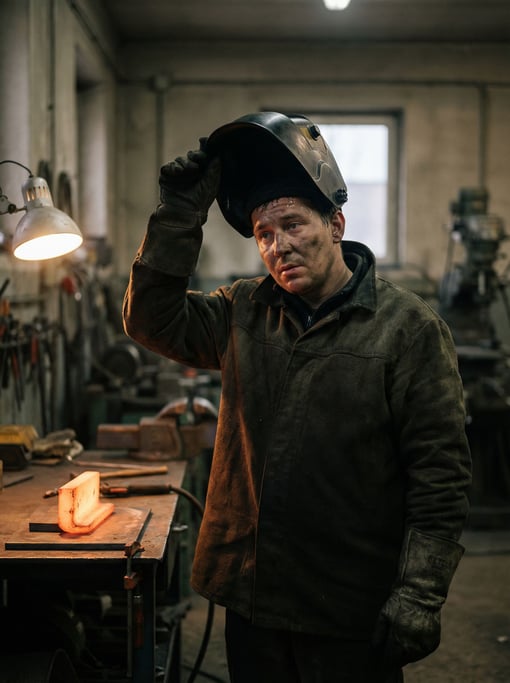 A welder lifting their mask, face sweaty and lit by the cooling orange glow of fresh metal (zut2v2cr)