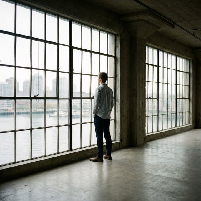 A young founder alone in an empty office space, wide shot, standing at a window looking out (yjpbkkg)
