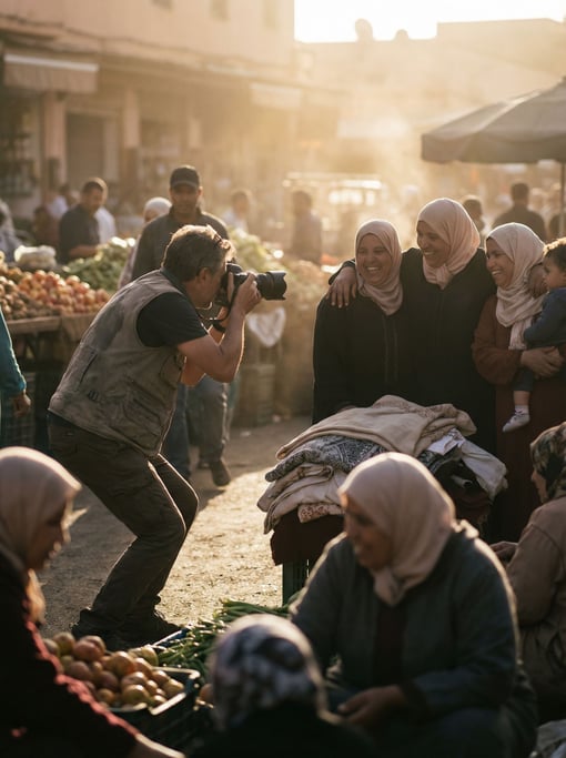 A photojournalist crouching to frame a shot in a crowded street market, camera raised (7k1vstjh)