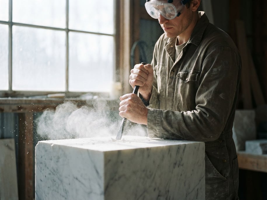 A sculptor chiseling marble, dust cloud around the chisel point, protective goggles, focused jaw