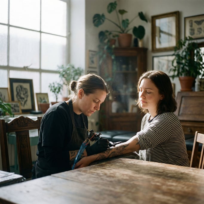 A tattoo artist at work, needle to skin, both faces in concentration (b2kjtmk)