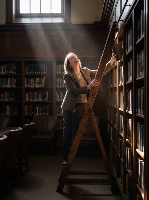A librarian shelving books on a rolling ladder, reaching high (wthjvi8q)