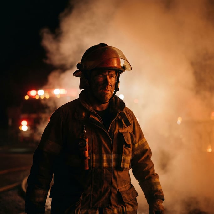 A firefighter emerging from smoke, helmet visor up, soot on face, red truck lights behind (qisl8arg)