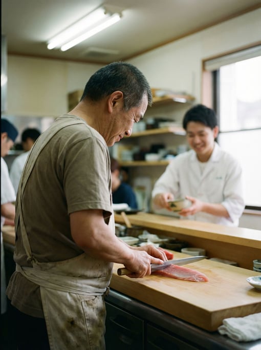 A sushi chef slicing fish with a yanagiba knife, precise angle, clean counter, zen focus (e3iasoa7)