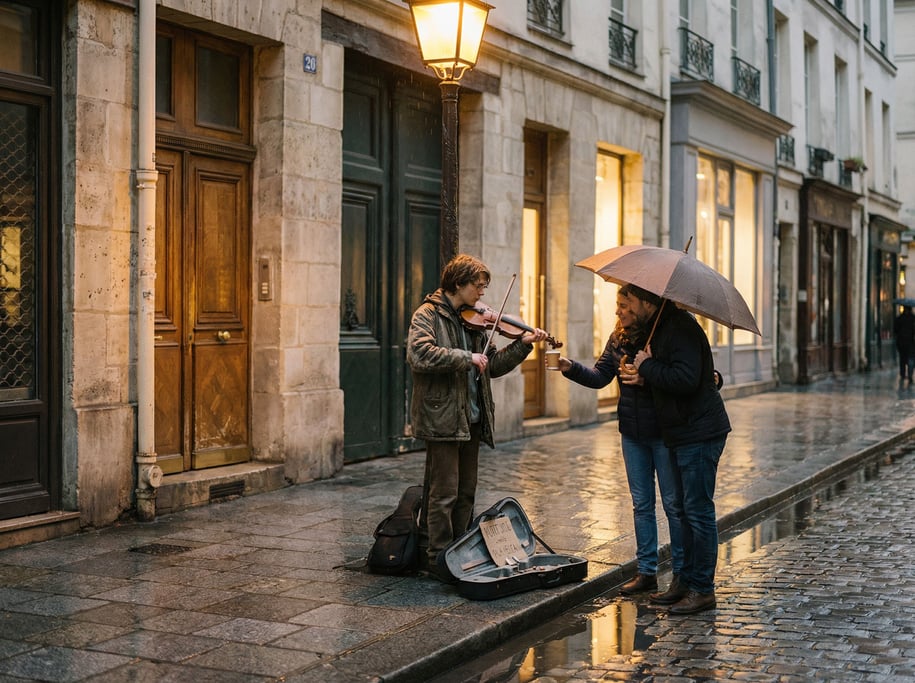 A young musician busking with a violin on a rainy European sidewalk, case open, puddle reflections (avbfnypd)