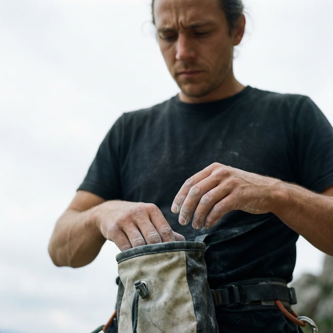 A climber chalking their hands before a route, close-up on the texture of chalk and skin (c4l6pmr5)