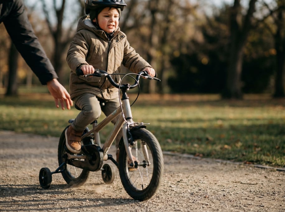 A child learning to ride a bike, parent's hand just letting go, park setting (yb8vwnjt)