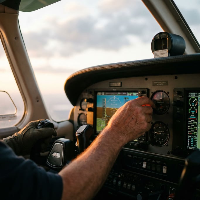 A pilot in the cockpit during golden hour, instrument panel glow on face (zvv3oohx)
