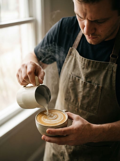 A barista pouring latte art, shot from above, steam and swirl patterns in the milk (fdt3ybuy)