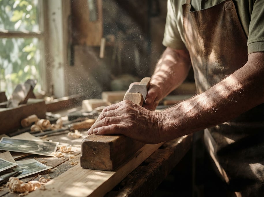 An elderly craftsman's weathered hands shaping wood with a hand plane, sawdust in the air (h0h0fgtp)