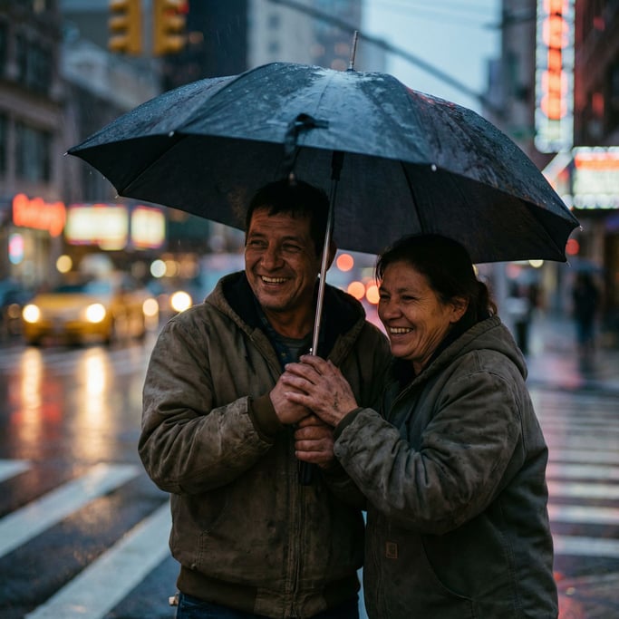 Two strangers sharing an umbrella in sudden rain, laughing, city crosswalk, blurred headlights (lcorje3t)
