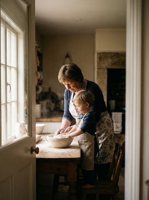 A grandmother teaching a child to knead bread dough, flour-dusted hands side by side, kitchen light (eb1cbsa6)