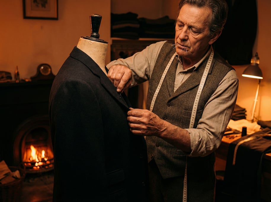 A tailor fitting a suit on a mannequin, pins between lips, measuring tape draped over shoulders (z1z5aejn)